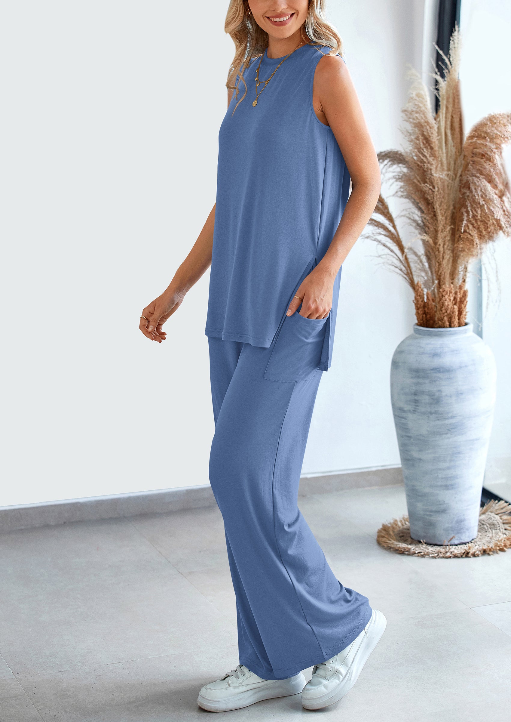 PRETTYGARDEN 2 Piece Set Loose Tank Top Wide Leg Pants Casual Matching Outfits Tracksuit