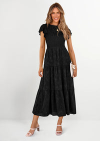 PRETTYGARDEN Midi Dress for Women Summer Floral Cap Sleeve Smocked Ruffle A Line Long Flowy Wedding Guest Dresses