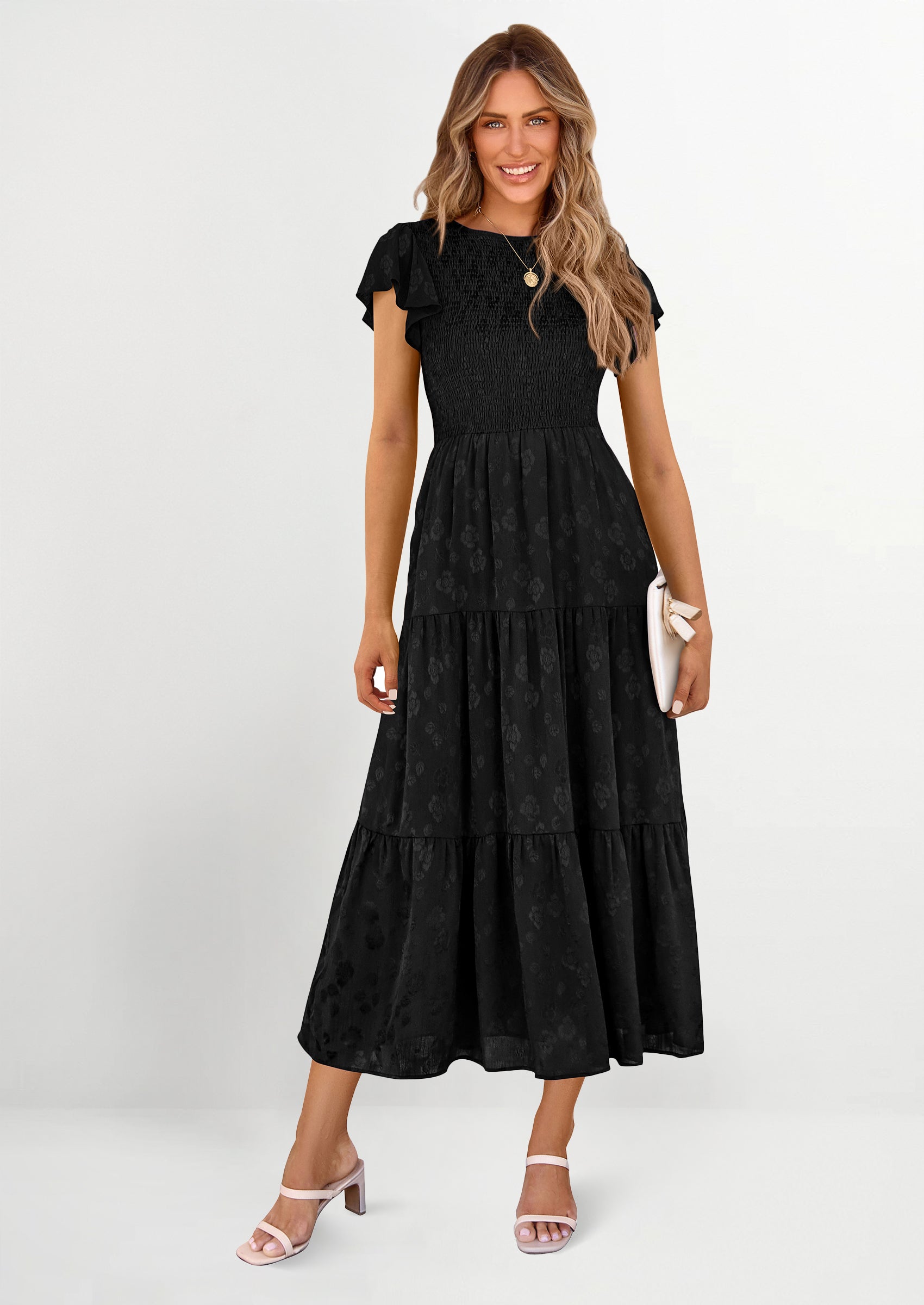 PRETTYGARDEN Midi Dress for Women Summer Floral Cap Sleeve Smocked Ruffle A Line Long Flowy Wedding Guest Dresses