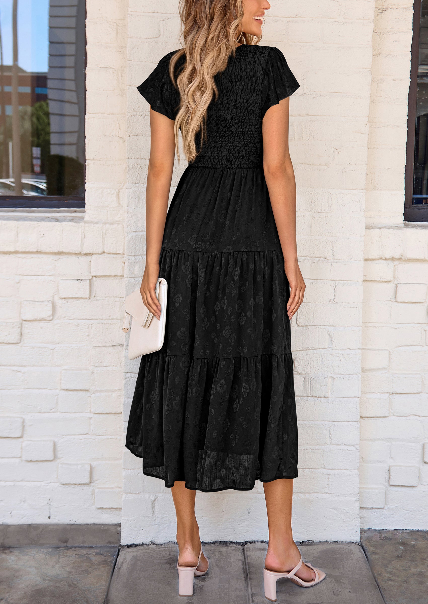 PRETTYGARDEN Midi Dress for Women Summer Floral Cap Sleeve Smocked Ruffle A Line Long Flowy Wedding Guest Dresses