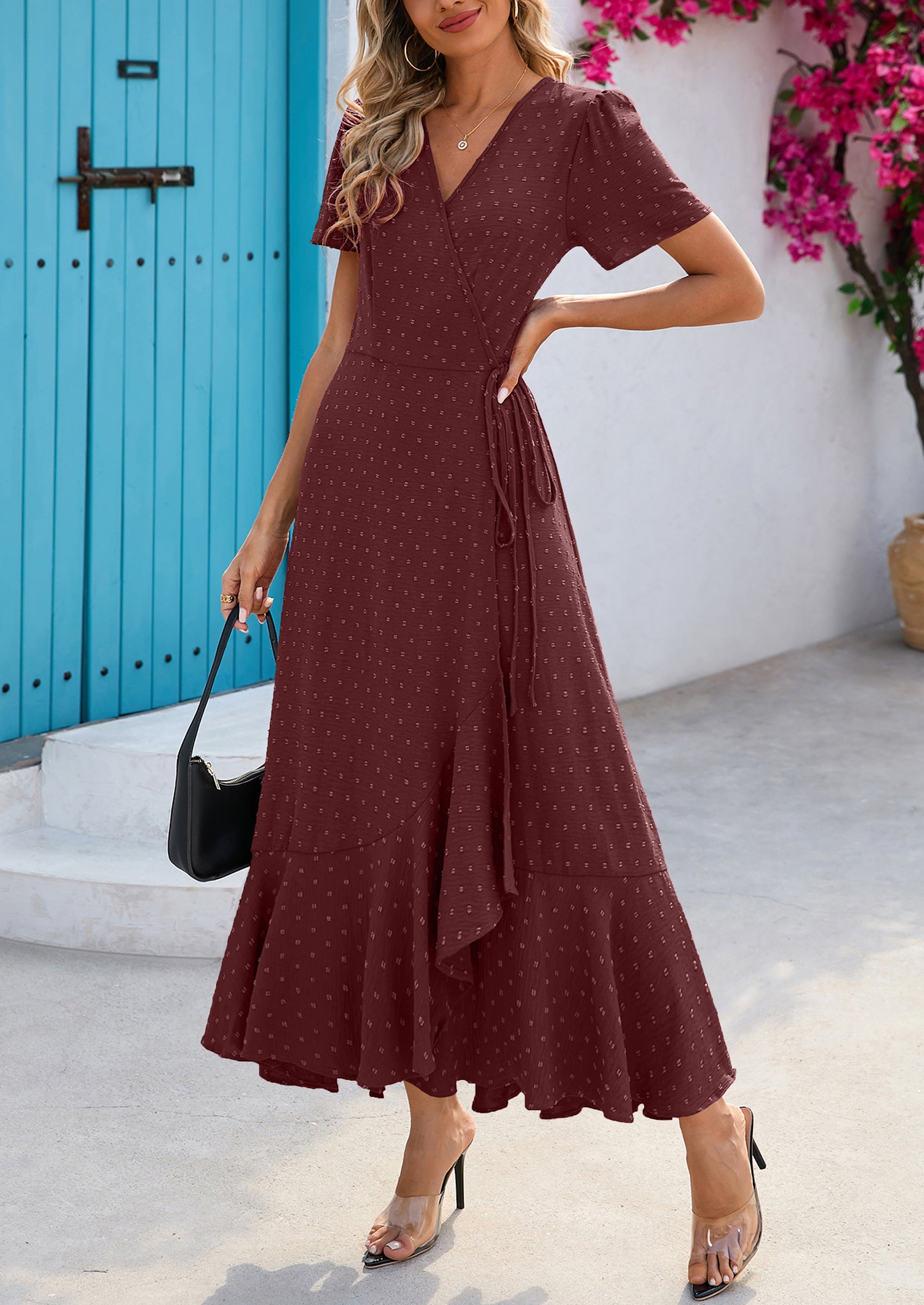 PRETTYGARDEN Women's Summer Maxi Dress Casual Wrap Floral Boho Short Sleeve V Neck Split Ruffle Beach Long Dresses