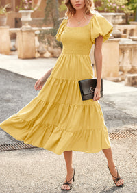 PRETTYGARDEN Women's Summer Casual Midi Dress Puffy Short Sleeve Square Neck Smocked Tiered Ruffle Dresses