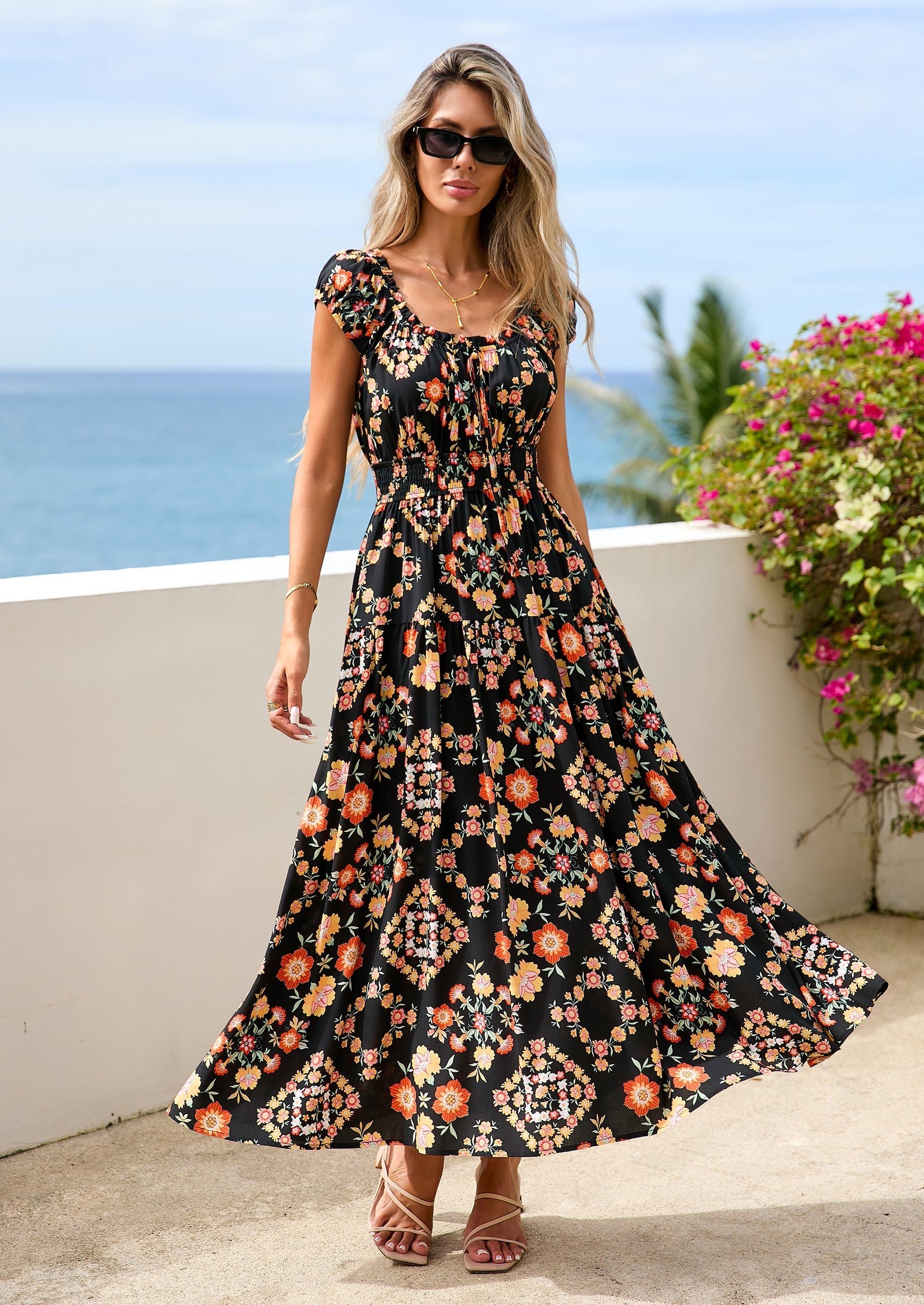 PRETTYGARDEN Women's Boho Maxi Dress Summer Cap Sleeve Long Flowy Beach Vacation Floral Sundresses Spring Resort Wear PRETTYGARDEN