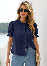 PRETTYGARDEN Womens Puff Short Sleeve Tops Summer Spring Button Down Boho Embroidered Cute Blouse Dressy Casual Shirts