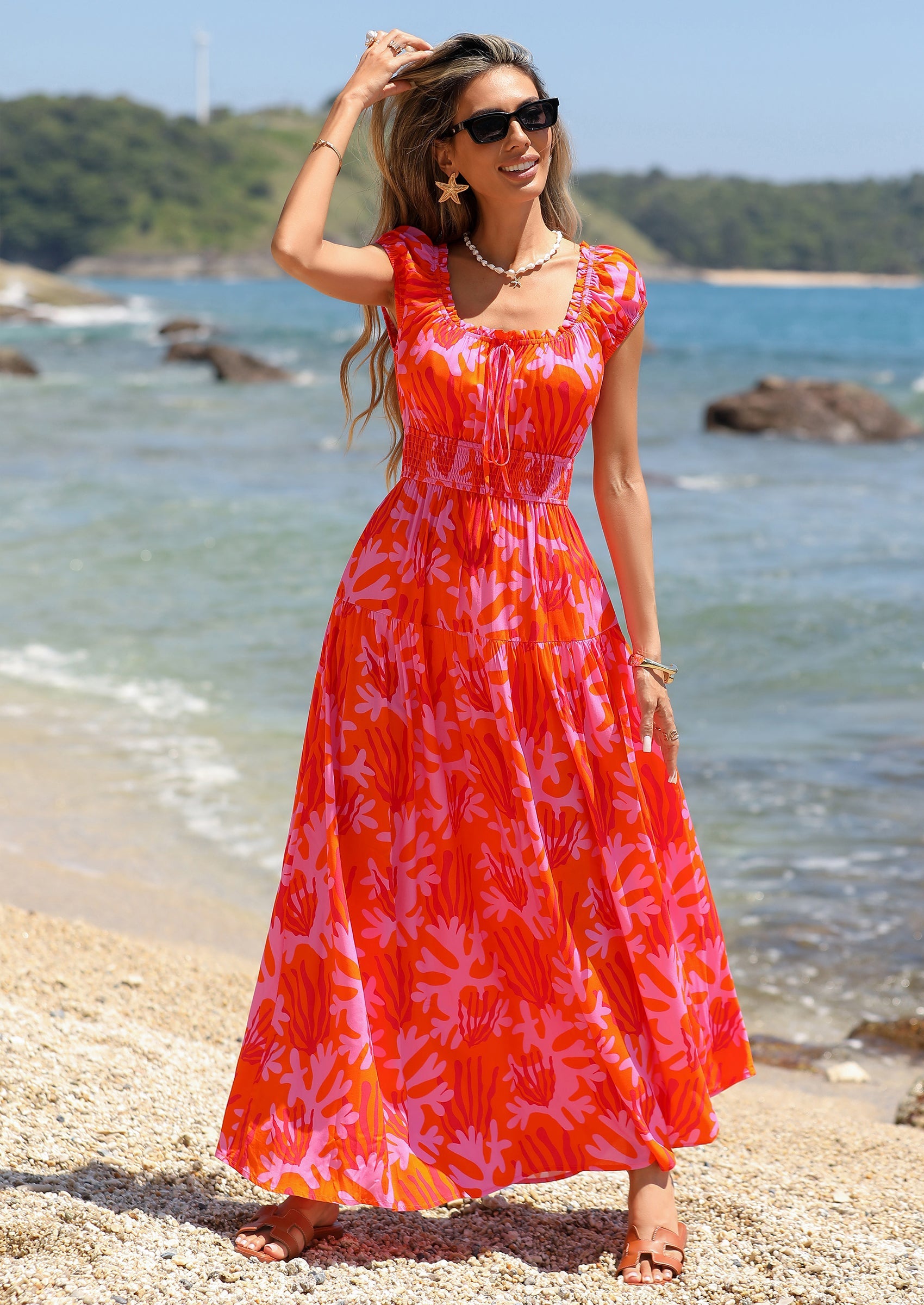 PRETTYGARDEN Women's Boho Maxi Dress Summer Cap Sleeve Long Flowy Beach Vacation Floral Sundresses Spring Resort Wear PRETTYGARDEN