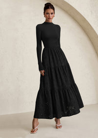 PRETTYGARDEN Long Sleeve Dress for Women Fall Eyelet Mock Neck A Line Elegant Classy Maxi Wedding Guest Dresses Pockets