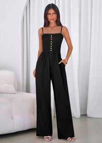 PRETTYGARDEN Jumpsuits for Women Summer Sleeveless Smocked Button Wide Leg Rompers Spring Travel One Piece Outfits PRETTYGARDEN