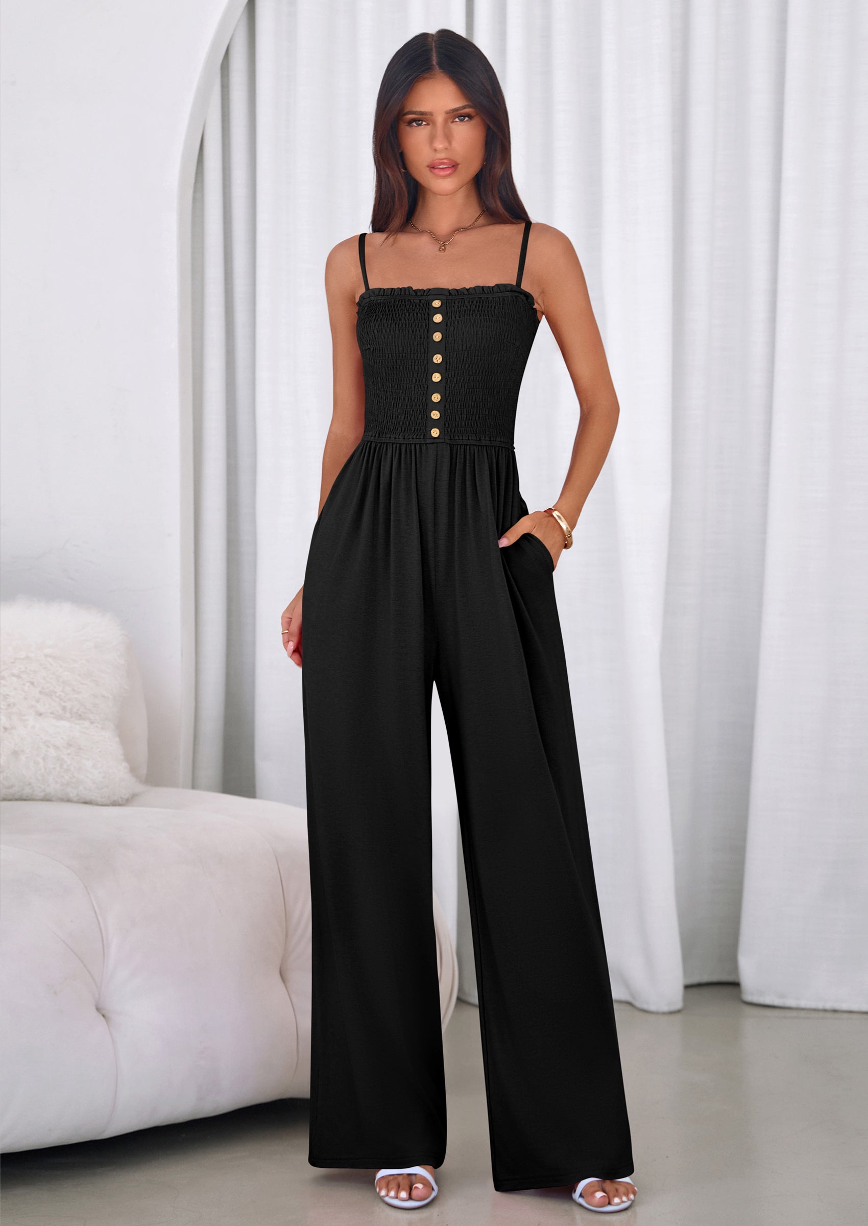 PRETTYGARDEN Jumpsuits for Women Summer Sleeveless Smocked Button Wide Leg Rompers Spring Travel One Piece Outfits PRETTYGARDEN