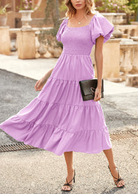 PRETTYGARDEN Women's Summer Casual Midi Dress Puffy Short Sleeve Square Neck Smocked Tiered Ruffle Dresses