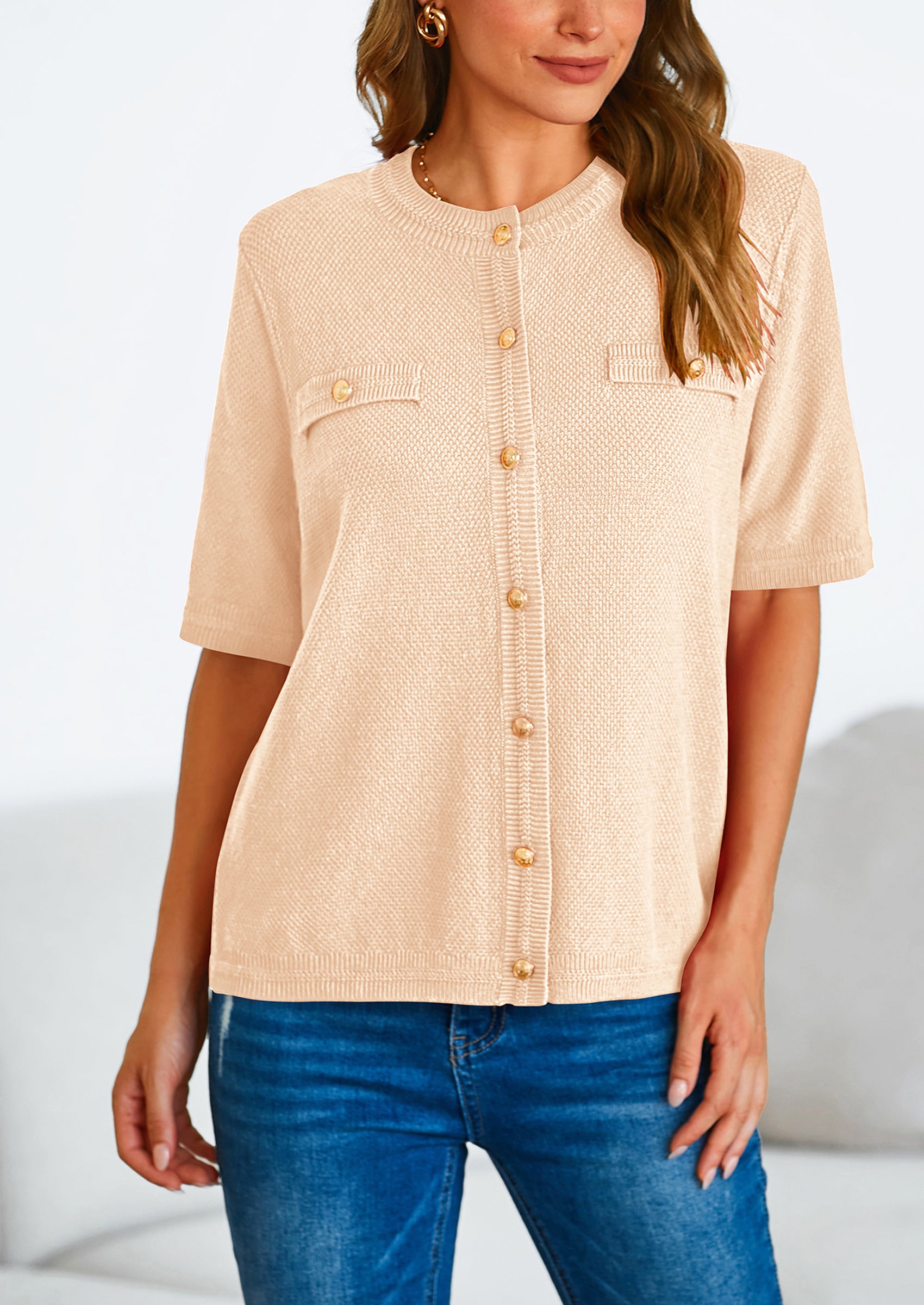 PRETTYGARDEN Women's Summer Button Down Shirts Casual Short Sleeve Crew Neck Ribbed Knit Blouse Top Cardigans