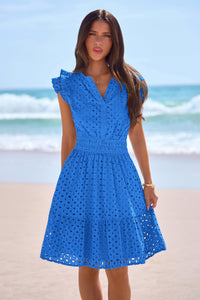 PRETTYGARDEN Women's Summer Sundresses Eyelet Cap Sleeve V Neck Short Boho Wedding Guest Dress Beach Vacation Clothes PRETTYGARDEN