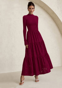 PRETTYGARDEN Long Sleeve Dress for Women Fall Eyelet Mock Neck A Line Elegant Classy Maxi Wedding Guest Dresses Pockets