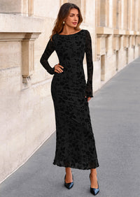 PRETTYGARDEN Women's Floral Bodycon Maxi Dress Fall Elegant Mesh Long Sleeve Formal Wedding Guest Cocktail Dresses