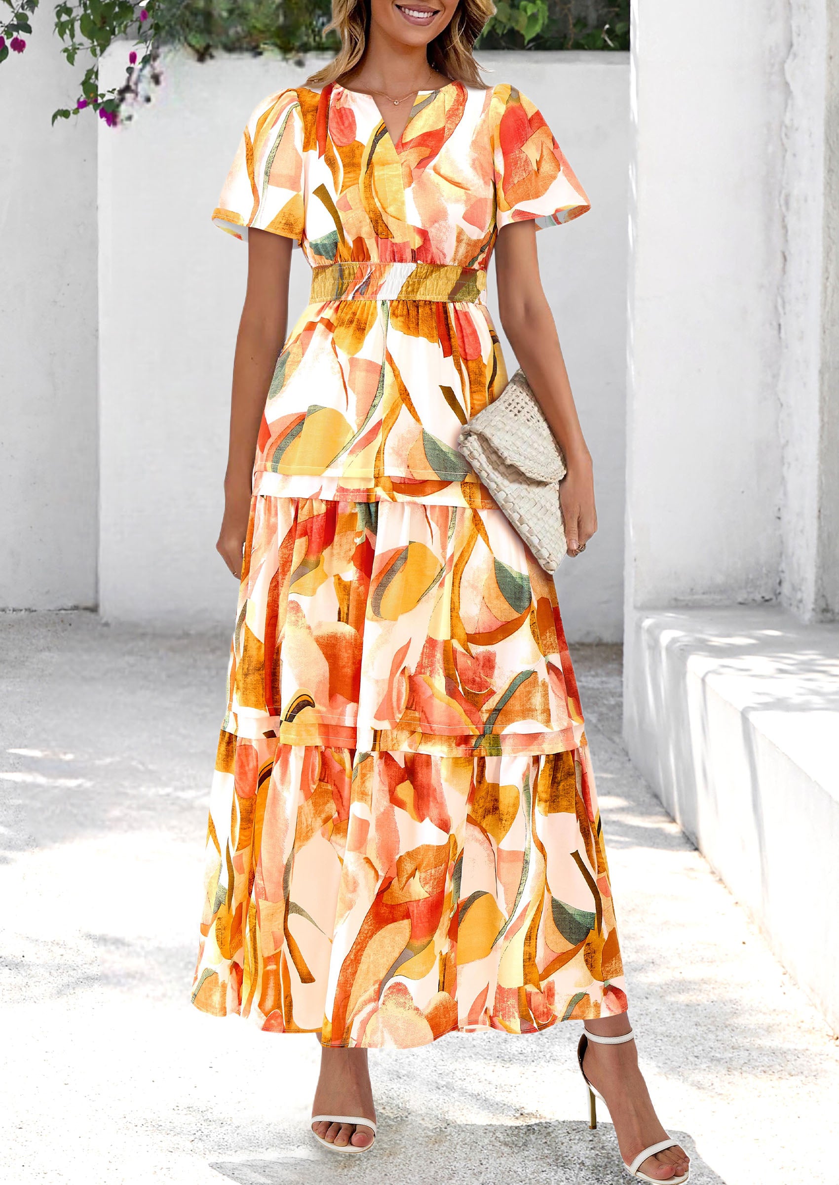 PRETTYGARDEN Women's Boho Maxi Dresses Floral Short Sleeve V Neck A Line Tiered Flowy Long Beach Vacation Dress