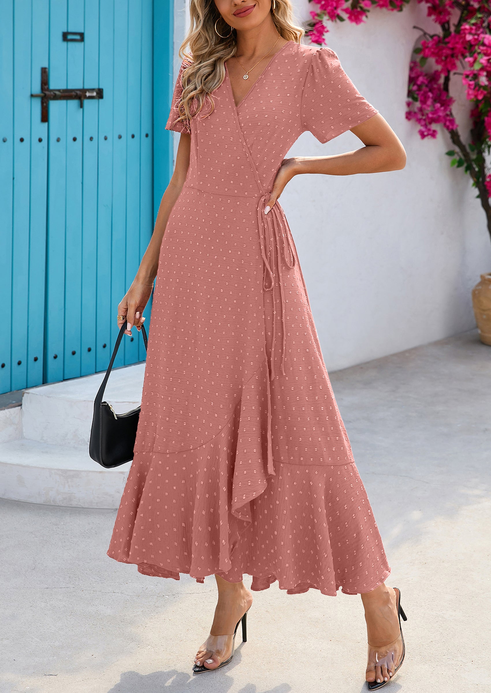 PRETTYGARDEN Women's Summer Maxi Dress Casual Wrap Floral Boho Short Sleeve V Neck Split Ruffle Beach Long Dresses