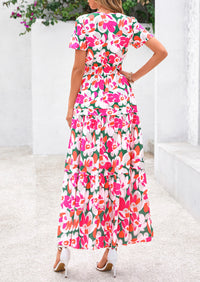 Summer Boho Floral Short Sleeve V Neck A Line Tiered Ruffle Flowy Long Beach Vacation Maxi Dresses