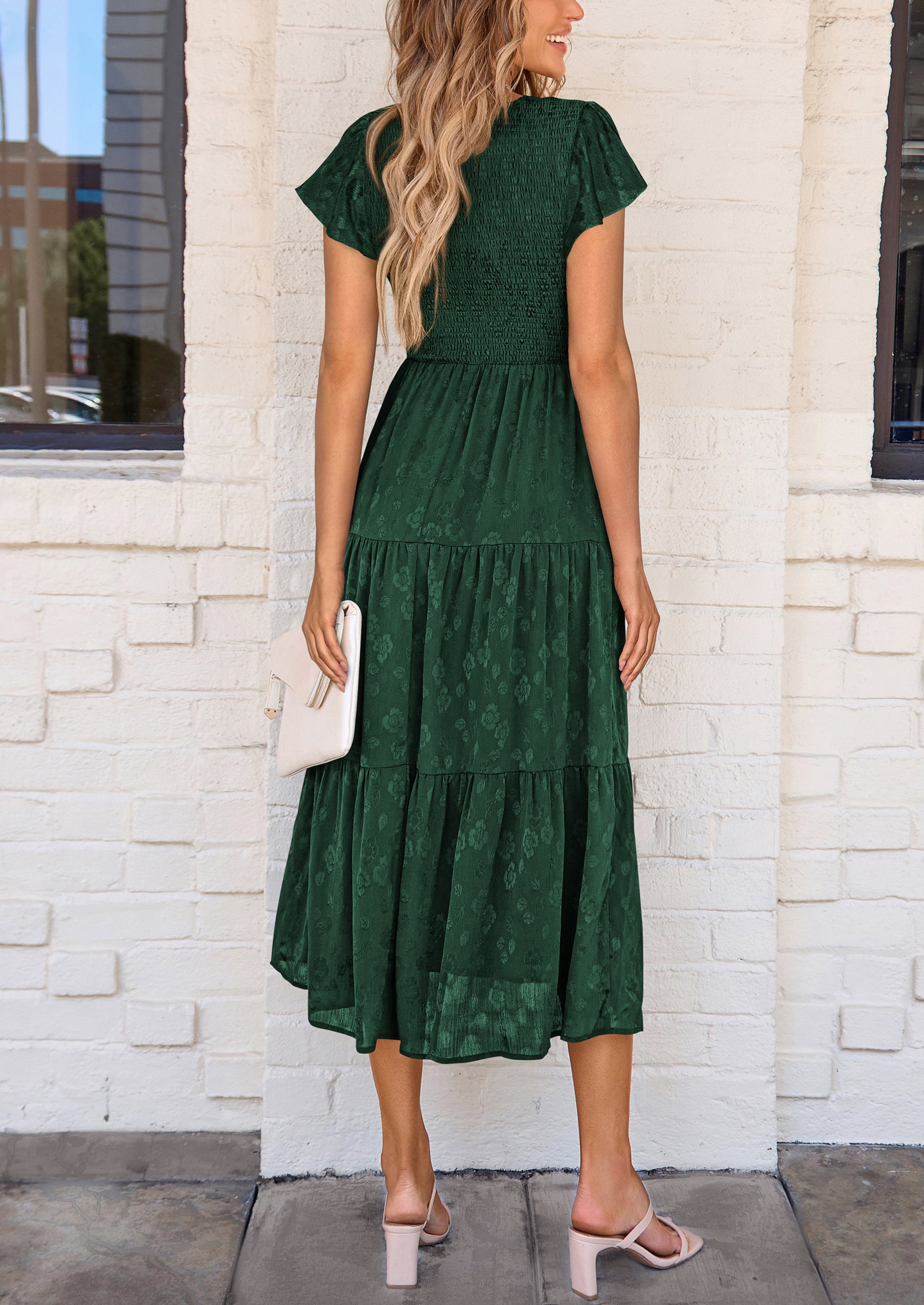 PRETTYGARDEN Midi Dress for Women Summer Floral Cap Sleeve Smocked Ruffle A Line Long Flowy Wedding Guest Dresses