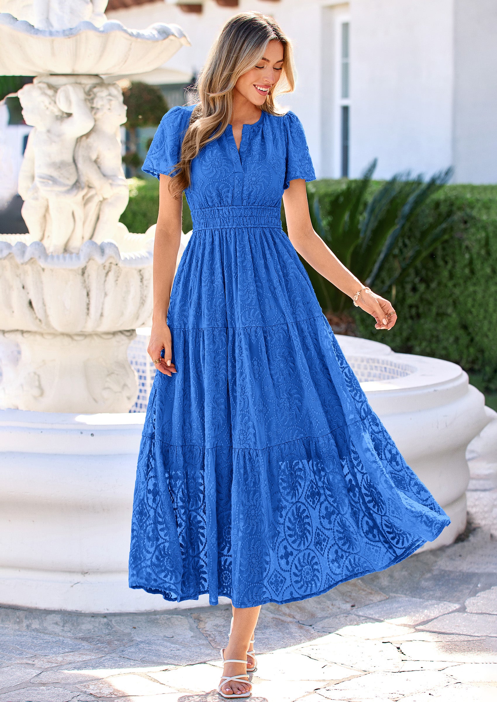 PRETTYGARDEN Womens Boho Maxi Dress Floral Summer Spring Short Sleeve V Neck A Line Embroidered Beach Vacation Dresses