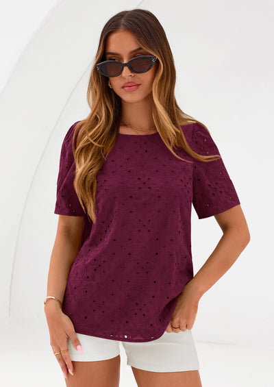 PRETTYGARDEN Women's Puff Short Sleeve Eyelet Shirts Summer Lace Blouses Dressy Casual Work Tops Spring Teacher Clothes PRETTYGARDEN