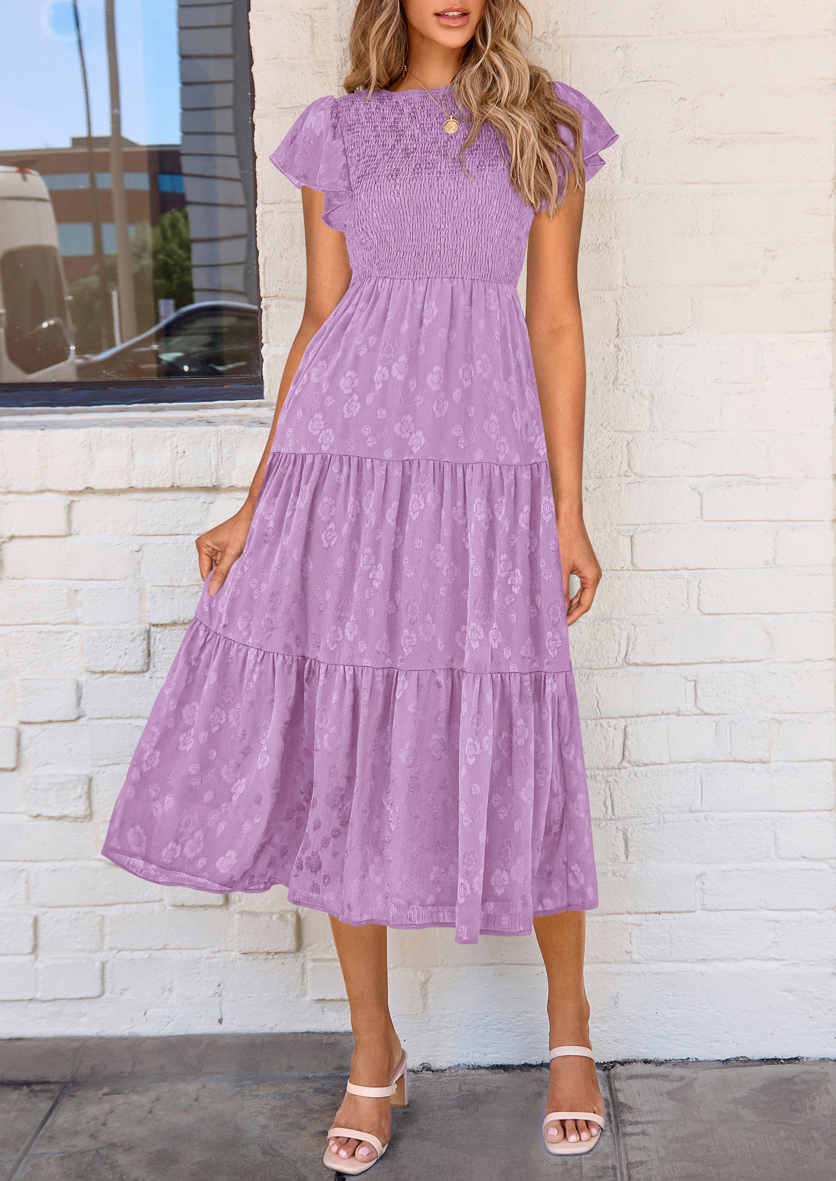 PRETTYGARDEN Midi Dress for Women Summer Floral Cap Sleeve Smocked Ruffle A Line Long Flowy Wedding Guest Dresses