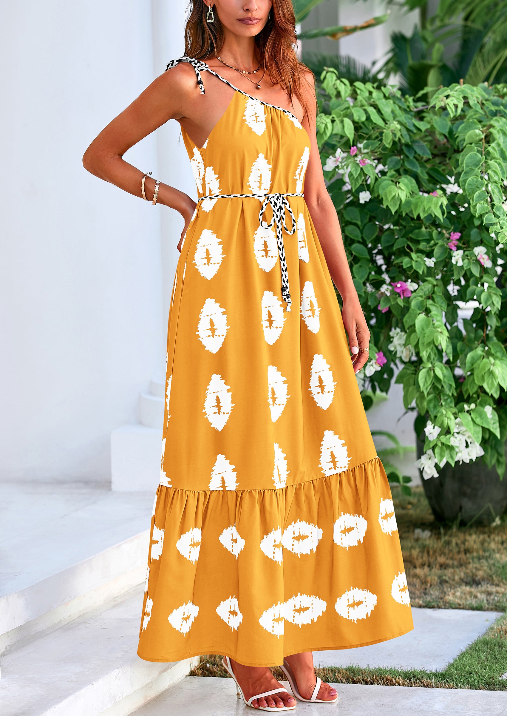 PRETTYGARDEN Women's Summer Maxi Dresses One Shoulder Printed Flowy Boho Beach Vacation Long Sundress