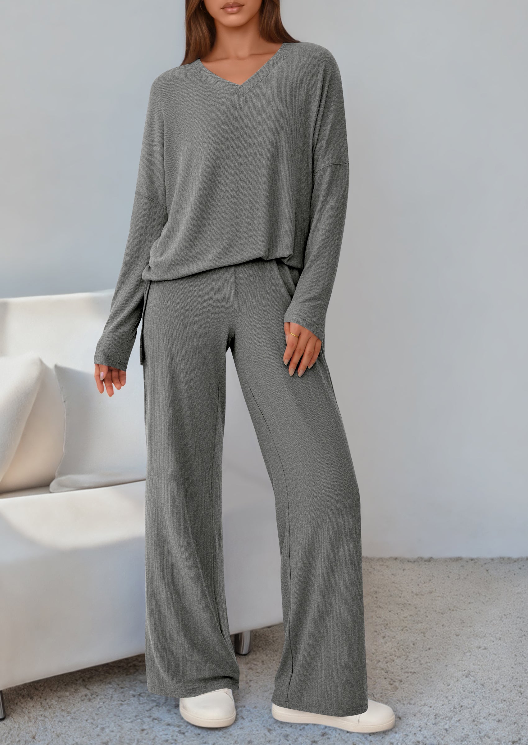 PRETTYGARDEN 2 Piece Lounge Sets for Women Fall Outfits Casual Loose Long Sleeve Tops Wide Leg Pants Matching Pajama Set