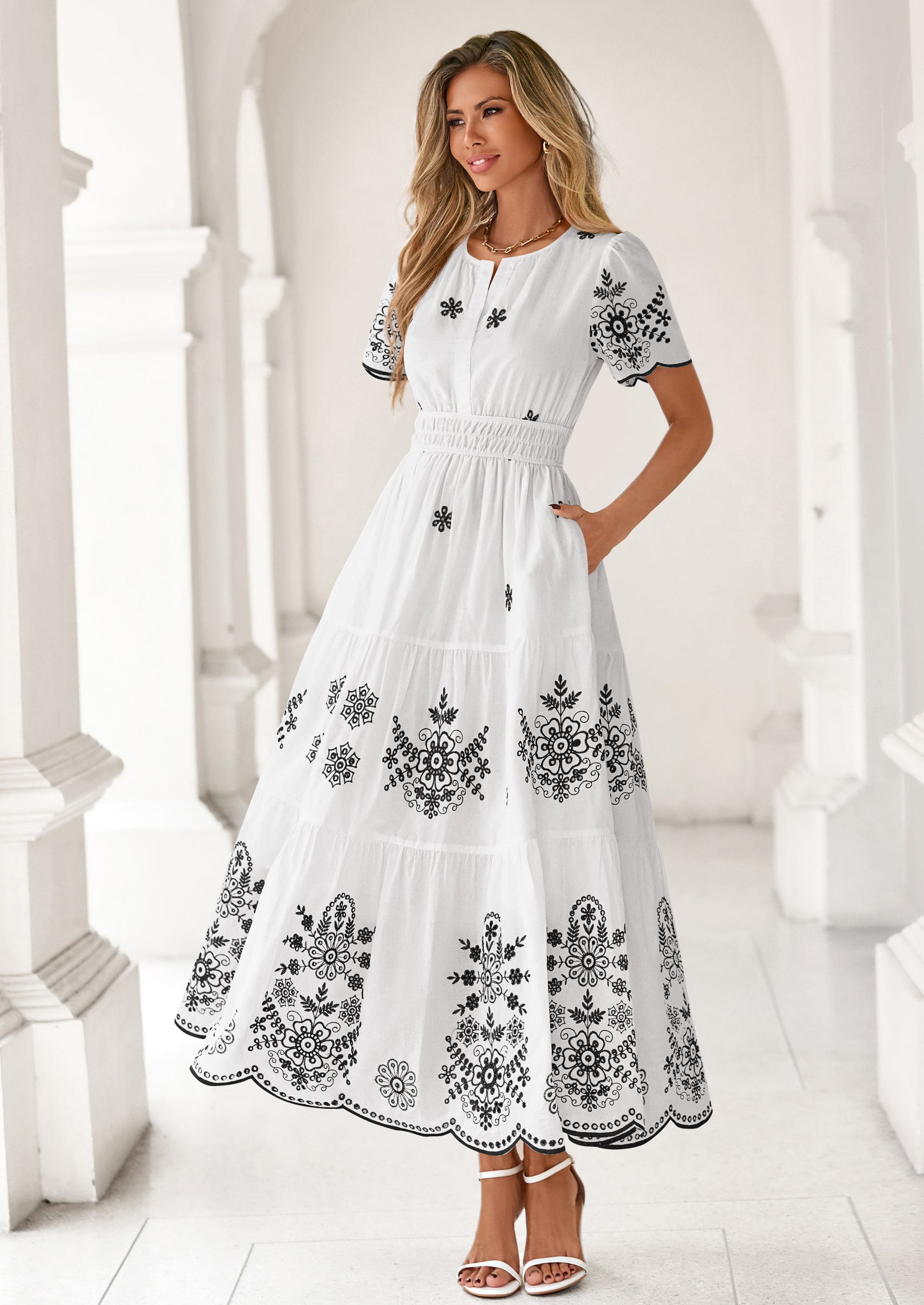 PRETTYGARDEN Boho Dresses for Women Summer Spring Casual Floral Short Sleeve V Neck Maxi Elastic Waist Dress Pockets PRETTYGARDEN