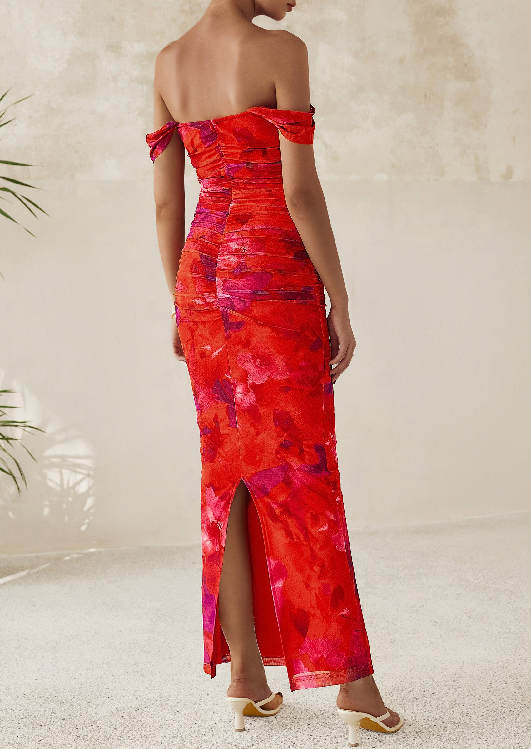 PRETTYGARDEN Maxi Dresses for Women Summer Elegant Floral Off Shoulder Ruched Mesh Cocktail Wedding Guest Dress