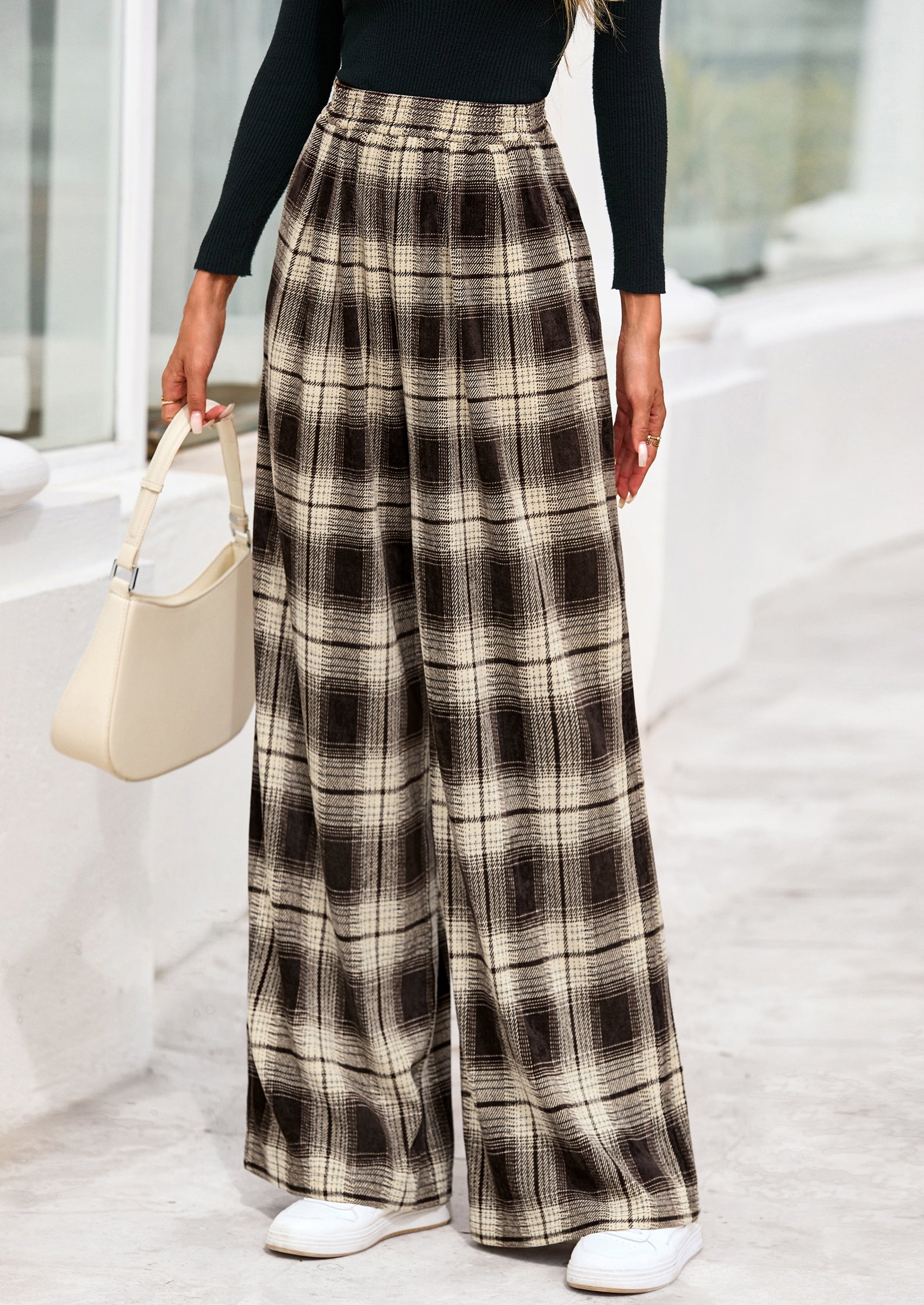 PRETTYGARDEN Casual Women's Pants Elastic Waist Palazzo Long Stretchy Wide Leg Trousers Knit Fall Outfits with Pockets