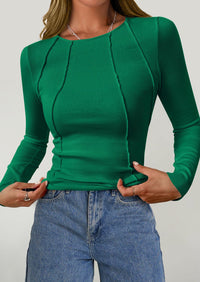 KIRUNDO Ribbed Long Sleeve Tops for Women Stretch Slim Basic Crop Tee Exposed Seams Spring Fall Fashion Trendy Tshirt
