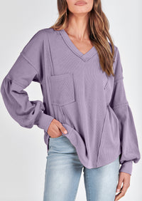 BTFBM Women's Ribbed Long Sleeve Tops Summer Spring Pullover Knit Casual V Neck Blouses Trendy Loose Fit Tunic Top