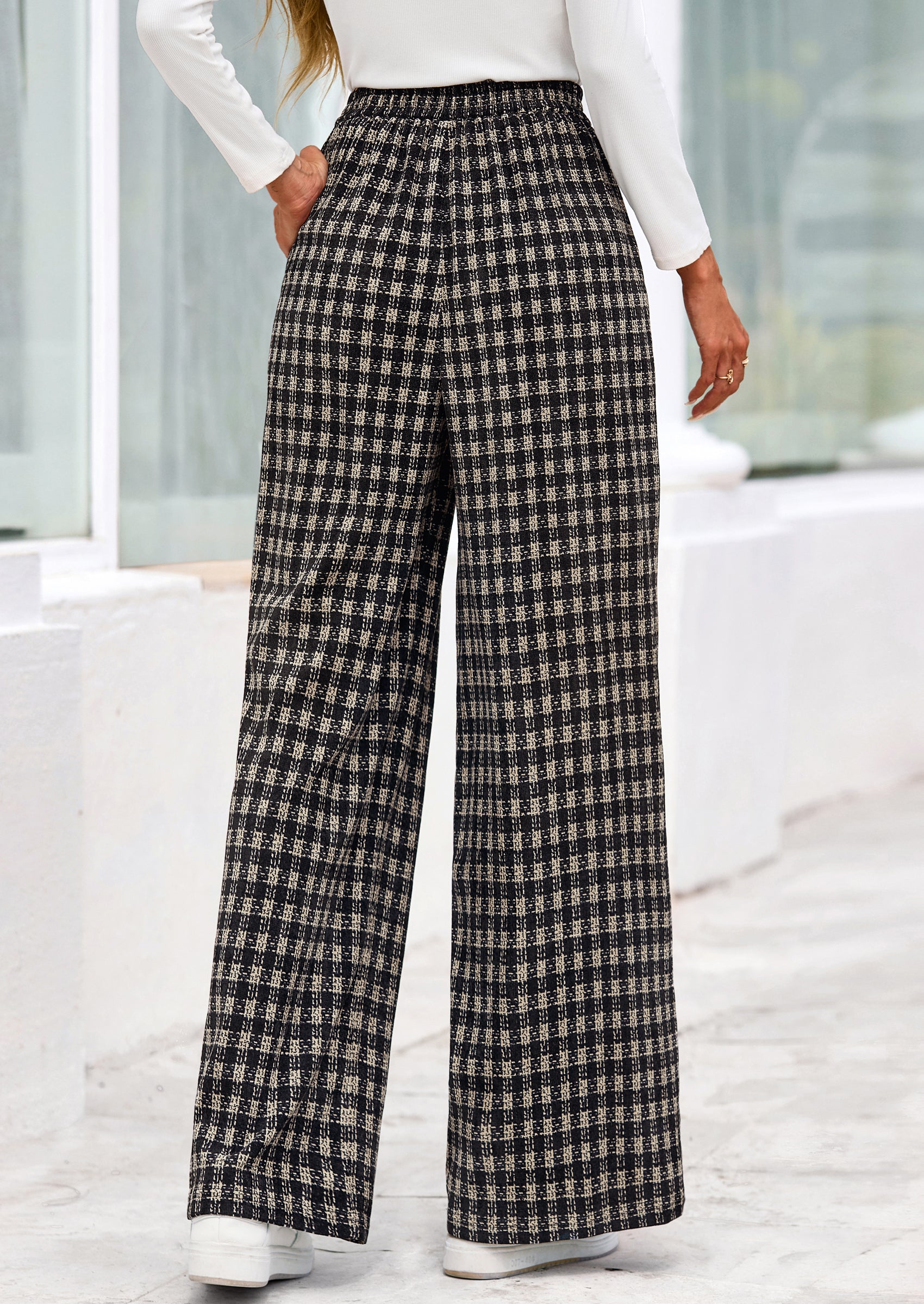 PRETTYGARDEN Casual Women's Pants Elastic Waist Palazzo Long Stretchy Wide Leg Trousers Knit Fall Outfits with Pockets