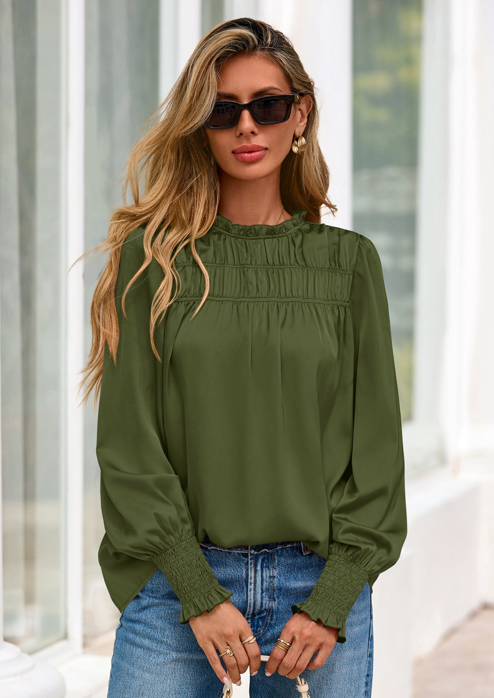 PRETTYGARDEN Blouses for Women Dressy Casual Fall Outfits Frill Neck Long Sleeve Shirts Satin Work Business Casual Tops