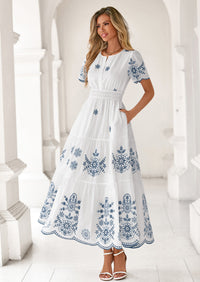 PRETTYGARDEN Boho Dresses for Women Summer Spring Casual Floral Short Sleeve V Neck Maxi Elastic Waist Dress Pockets PRETTYGARDEN