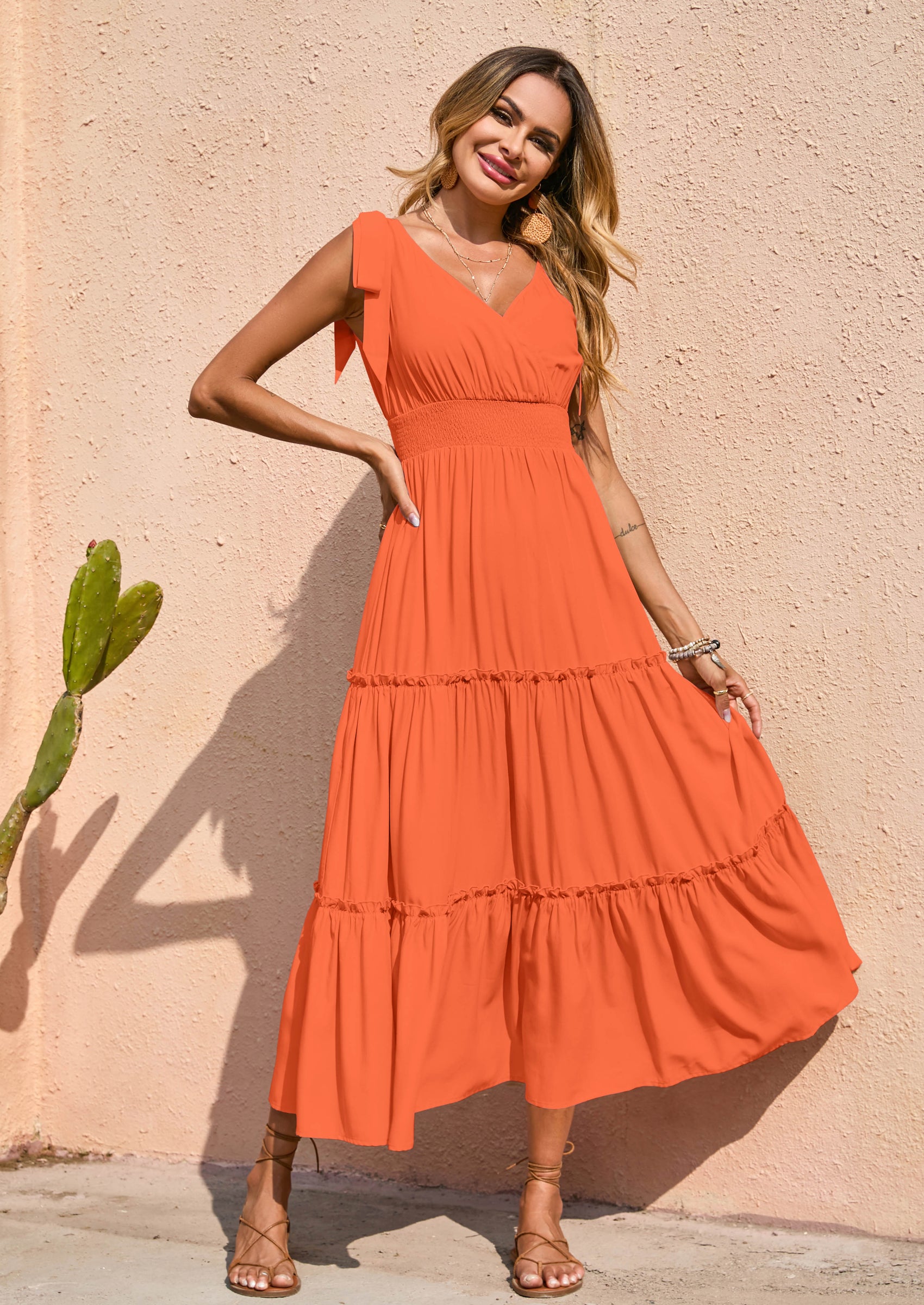 PRETTYGARDEN Women's Cross Neck Spring Sleeveless Tiered Maxi Dress Beach Tie Strap Smocked Long Dresses Pleated Sundress