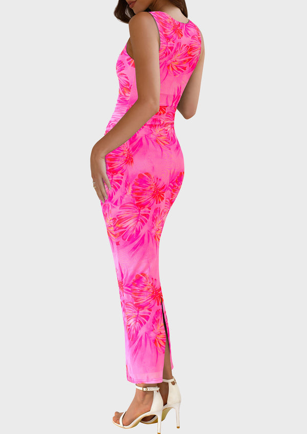 Summer Resort Wear Sexy Floral Bodycon Sleeveless Mesh Maxi Long Dress