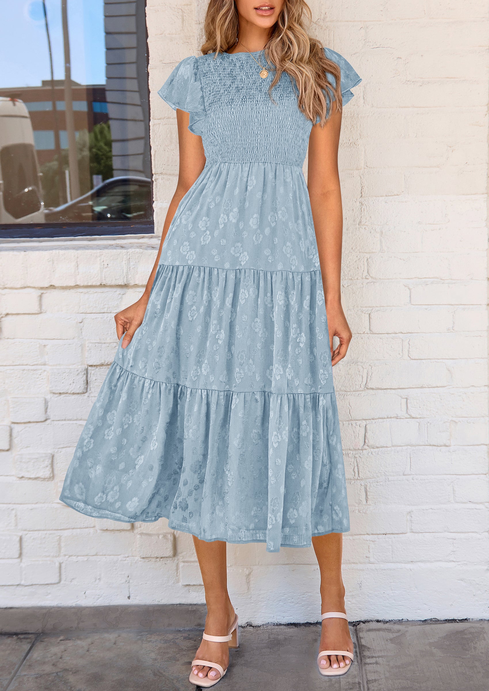 PRETTYGARDEN Midi Dress for Women Summer Floral Cap Sleeve Smocked Ruffle A Line Long Flowy Wedding Guest Dresses