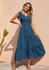 PRETTYGARDEN Women's Cross Neck Spring Sleeveless Tiered Maxi Dress Beach Tie Strap Smocked Long Dresses Pleated Sundress
