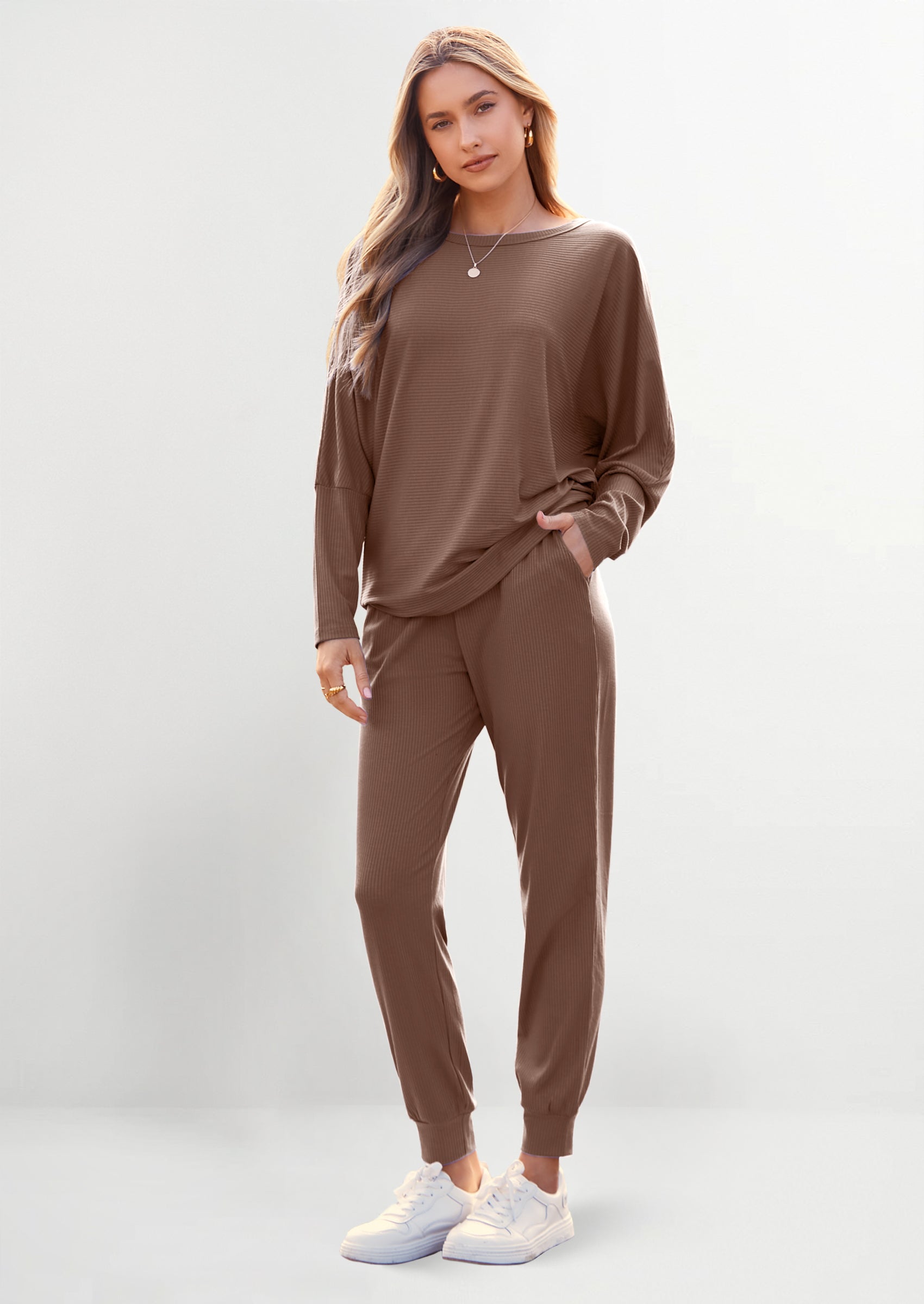 PRETTYGARDEN Women's Fall 2 Piece Lounge Set Long Sleeve Tops Ribbed Pants Spring Matching Sweatsuit Travel Outfits Clothes