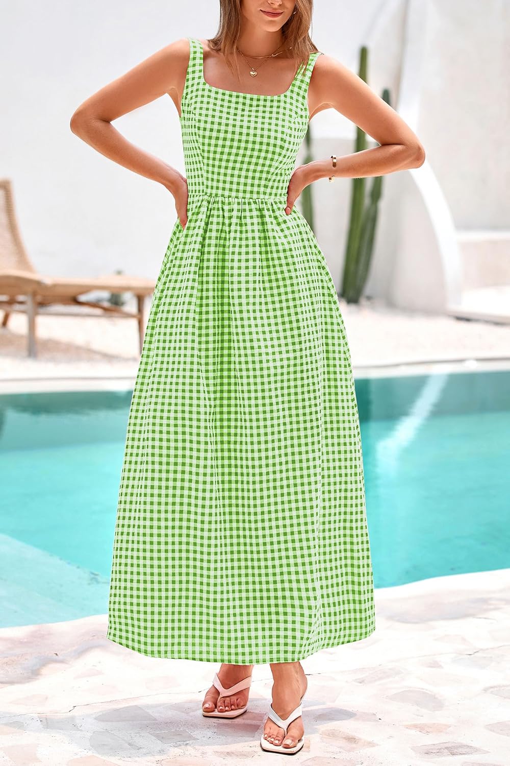 Women's Summer Spaghetti Strap Maxi Dresses Plaid Square Neck A Line Smocked Casual Vacation Long Sundress