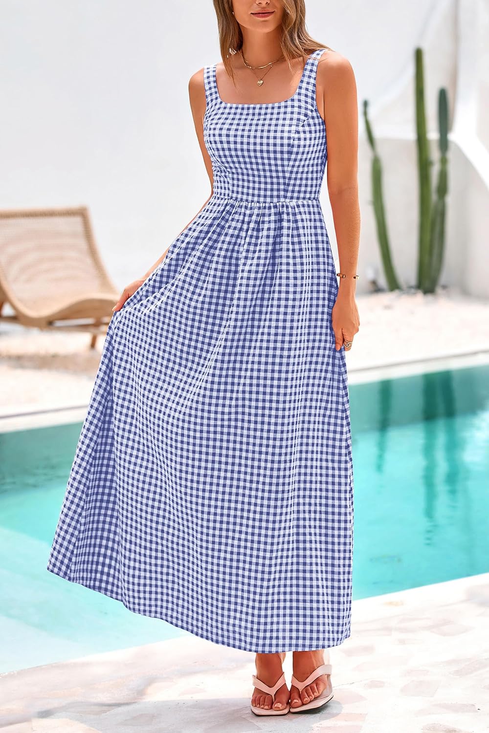 Women's Summer Spaghetti Strap Maxi Dresses Plaid Square Neck A Line Smocked Casual Vacation Long Sundress