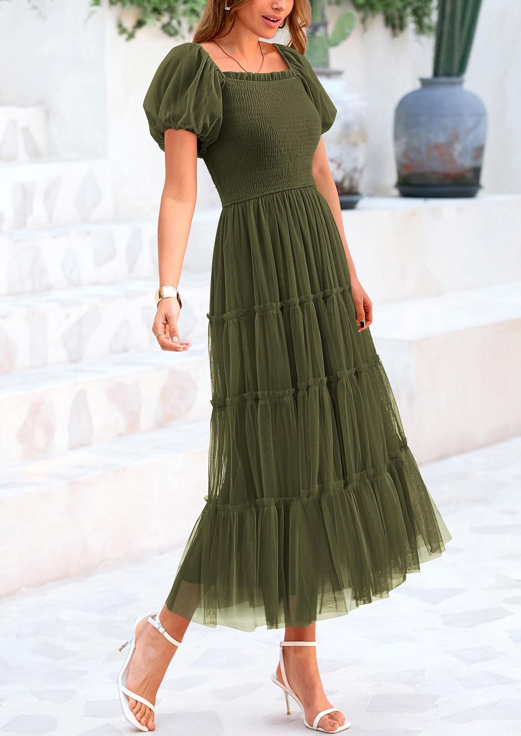 PRETTYGARDEN Women's Smocked Tulle Midi Dress Square Neck Puffy Short Sleeve Ruffle Wedding Guest Party Dresses