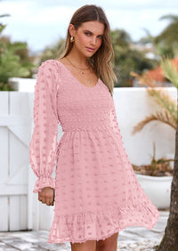 BTFBM Spring Dresses for Women 2026 Long Sleeve Casual V Neck Swiss Dot Smocked Ruffle Chiffon Flowy Mini Summer Dress PRETTYGARDEN