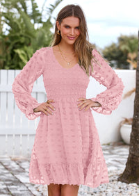 BTFBM Spring Dresses for Women 2026 Long Sleeve Casual V Neck Swiss Dot Smocked Ruffle Chiffon Flowy Mini Summer Dress PRETTYGARDEN