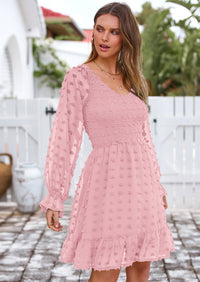 BTFBM Spring Dresses for Women 2026 Long Sleeve Casual V Neck Swiss Dot Smocked Ruffle Chiffon Flowy Mini Summer Dress PRETTYGARDEN