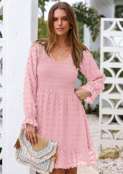 BTFBM Spring Dresses for Women 2026 Long Sleeve Casual V Neck Swiss Dot Smocked Ruffle Chiffon Flowy Mini Summer Dress PRETTYGARDEN