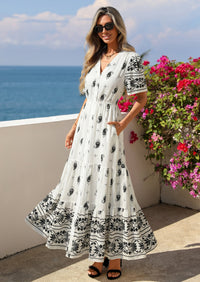 PRETTYGARDEN Womens Summer Boho Maxi Dress Trendy Short Sleeve V Neck Flowy Beach Floral Dresses with Pockets PRETTYGARDEN