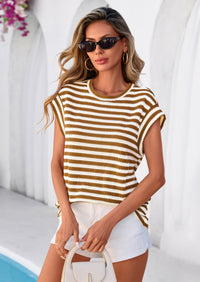 PRETTYGARDEN Women's Spring Vest Tops Cap Sleeve Striped Shirt Knit Tank Top Summer Beach Vacation Clothes PRETTYGARDEN