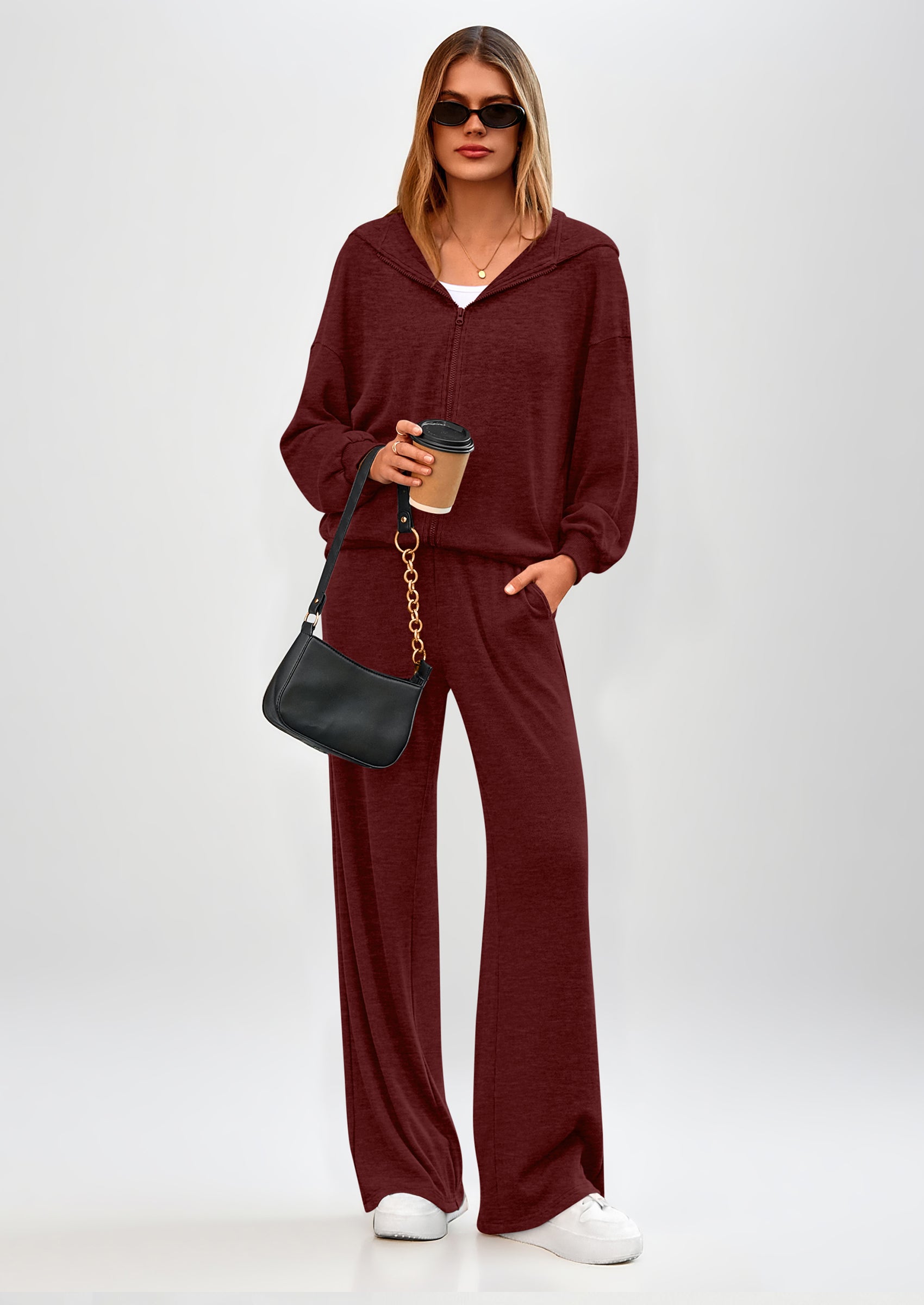 PRETTYGARDEN Women's 2 Piece Fall Lounge Sets Zip Up Hoodie Wide Leg Pants Tracksuit Matching Travel Outfits Clothes