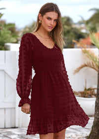 BTFBM Spring Dresses for Women 2026 Long Sleeve Casual V Neck Swiss Dot Smocked Ruffle Chiffon Flowy Mini Summer Dress PRETTYGARDEN